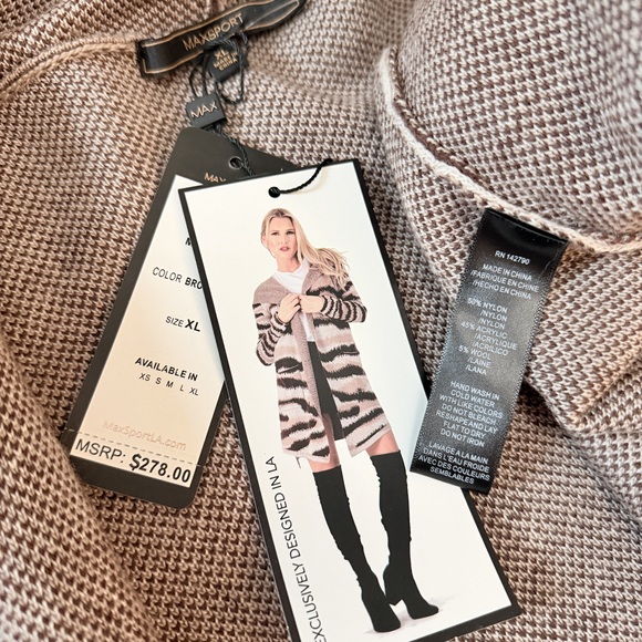 NWT MaxSport Hooded Waterfall cardigan long duster chevron brown beige zebra XL - Picture 6 of 7